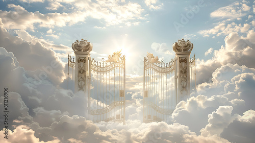 Heavenly Pearly Gates: serene paradise, spiritual transcendence, perfect for religious publications.