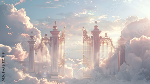 Heavenly Pearly Gates: serene paradise, spiritual transcendence, perfect for religious publications.