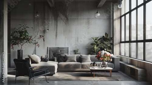 Brutalist interior design. Interior of modern living room with concrete walls, concrete floor, gray sofa and armchair and coffee table. 