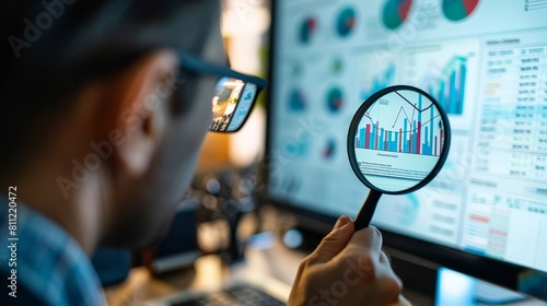 Detailed close-up of an SEO expert analyzing essential keywords and backlink strategies on a monitor, highlighting the precision of search engine optimization