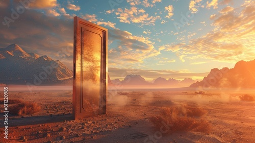 Conceptual 3D artwork of an open door in an expansive desert setting, signifying the threshold to new possibilities and adventures