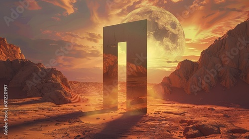 Conceptual 3D artwork of an open door in an expansive desert setting, signifying the threshold to new possibilities and adventures