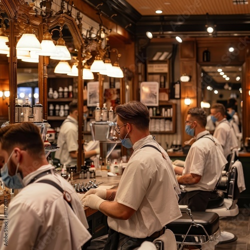 Barbers and customers sitting and waiting in a barber shop, A group of barbers working together in sync, each focused on their individual tasks to create a harmonious environment