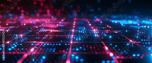 Abstract digital background with glowing blue and red lines forming complex patterns on the surface of an illuminated grid