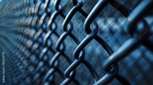 A detailed close-up view of a chain link fence, capturing the intricacy of interlocked metal with a cool blue tint, emphasizing texture and pattern.