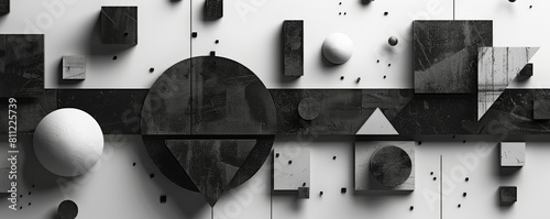 Black and white banner with illustration of different geometric shapes as background