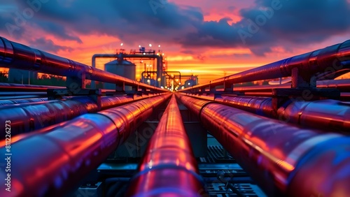 Oil chemical hydrogen pipeline pipe rack in industrial setting. Concept Industrial Setting, Oil Pipeline, Chemical Industry, Hydrogen Production, Pipe Rack