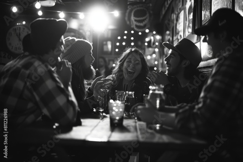 Friends socializing and sitting around a wooden table, A group of friends gathered around a table with drinks in hand, laughing and sharing stories