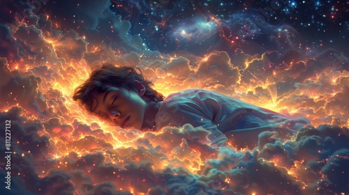 Bedtime Fantasia Illustrate a scene of a person drifting off to sleep, their mind alight with colorful dreams