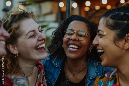 A group of women having a great time, sharing laughter and joy with each other, A group of friends laughing and chatting over coffee