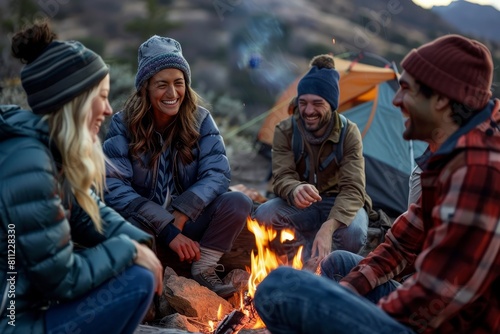 Friends enjoy laughter and storytelling around a campfire in the evening, A group of friends laughing and sharing stories around a crackling campfire