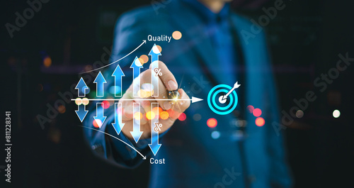 Cost efficient, quality control concept. Man with virtual quality control growth graph and cost reduction lower. Cost optimization for product marketing or service to improve business risk solution