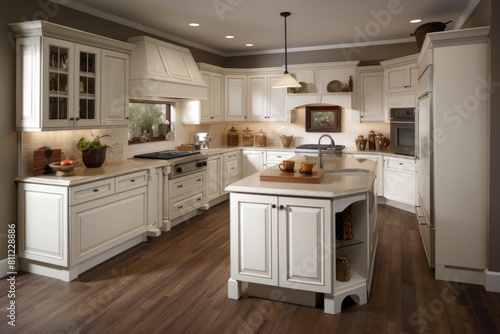 A large kitchen featuring white cabinets and wood floors, providing a clean and modern look