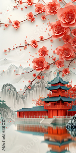 there is a painting of a pagoda with red flowers on it