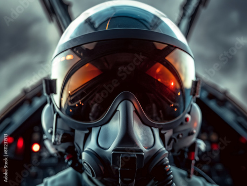 arafed pilot in a jet fighter helmet and goggles