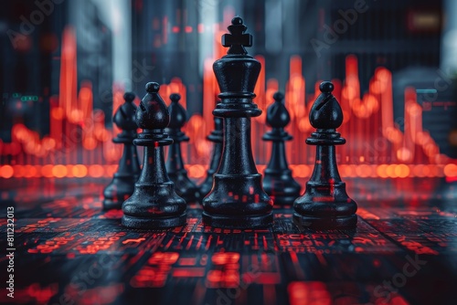 Futuristic digital chess board with glowing red and black chess pieces in strategic positions