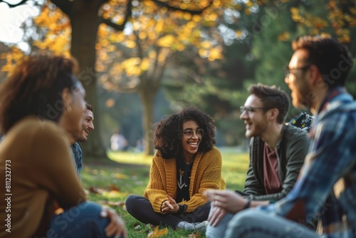 Several individuals engaged in a conversation while seated on the grassy ground, A group of people having a lively discussion in a park