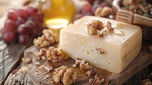 Taleggio Cheese Platter with Walnuts, Grapes and Drizzled Honey. Delicious Italian Epicure Snack