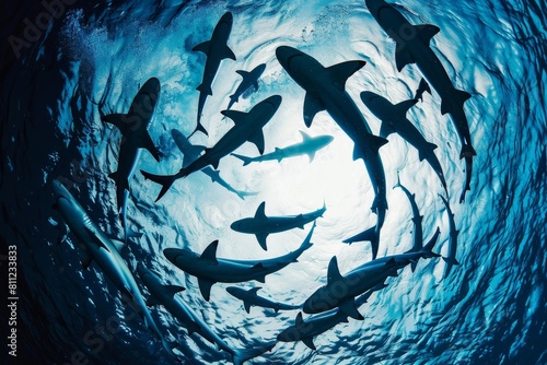 A group of sharks swimming and circling together in the deep ocean, A group of sharks circling together in a hypnotic pattern