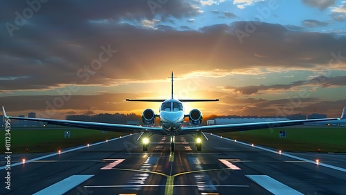 Private plane on runway at sunrise or sunset ready for takeoff. Concept Private Plane, Runway, Sunrise, Sunset, Takeoff
