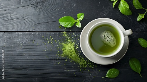 A cup of green tea on a black wooden table.