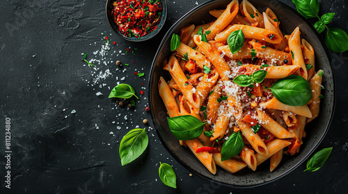 Classic italian pasta penne alla arrabiata with basil and freshly parmesan cheese and spices on dark table. Penne pasta with sauce.
