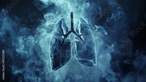 Representation of a human lung affected by smoke, illustrating the harmful impact of smoking and tobacco use on respiratory health, leading to lung disease.