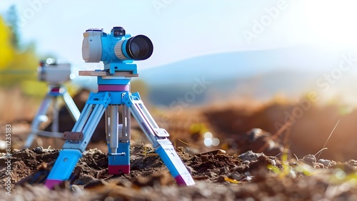 Using theodolite and transit equipment for surveying at a construction site. Concept Civil Engineering, Surveying Techniques, Construction Equipment, Land Development, Site Mapping