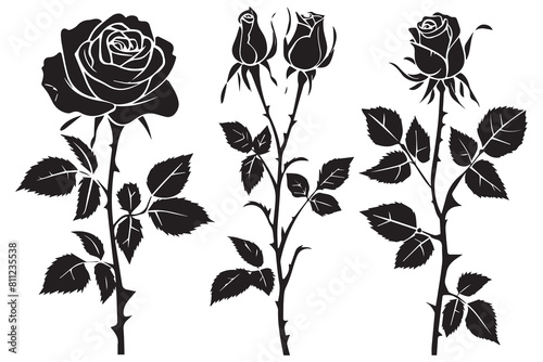 Rose silhouettes vector illustration. Black buds and stems of roses stencils isolated on white background