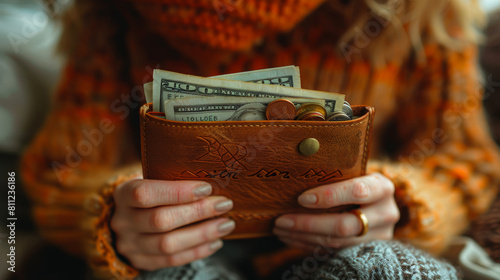 Close-Up of Woman Holding Leather Wallet Filled with Cash and Coins