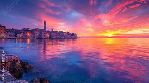 Breathtaking Spring Sunset Over Rovinj Town, Croatia With Vibrant Sky Colors and Tranquil Sea