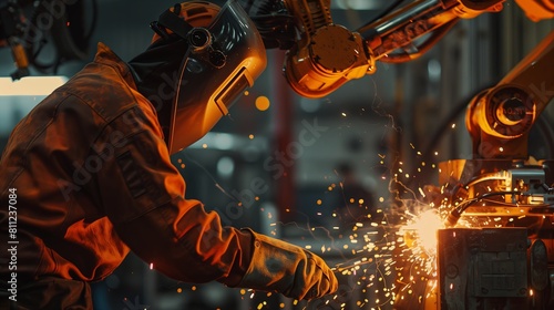 Industrial scene in steel factory, welder at work with sparks. Skilled job requiring manual dexterity and safety, intense light and heat in workshop..