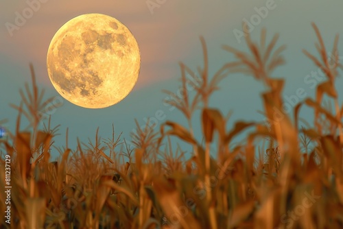 A full moon ascends above a vast corn field, casting a soft glow over the ripe crops, A harvest moon rising over a field of ripe cornstalks