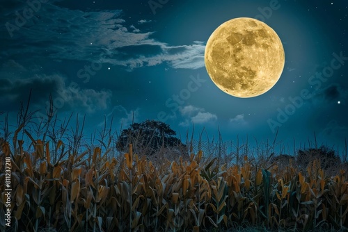 Full moon ascending in sky above mature corn field, A harvest moon rising over a field of ripe cornstalks