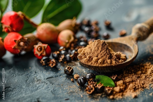 Natural Guarana Seed in Spoon with Powder, Amazon Tropical Fruit and Medicative Hot Drink Spice