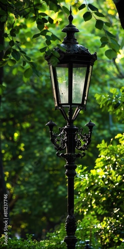 Old-Fashioned Black English Light Post in a Fancy Park Lantern Lighting Up the Night