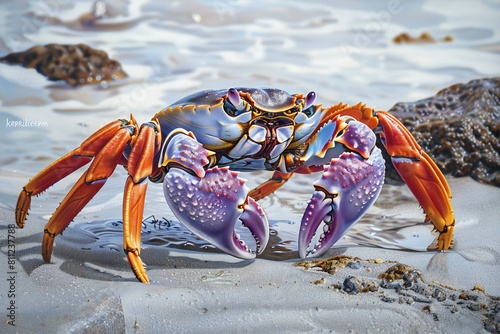 Blue and orange crab on a sandy beach in the Atlantic Ocean
