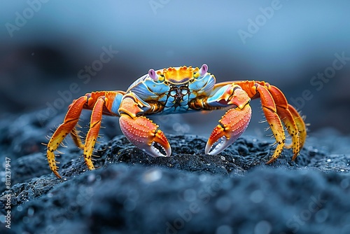Colorful Blue and Orange Sea Crab on the Volcanic Rocks