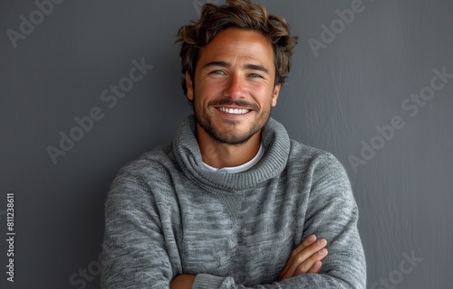 Confident young man in grey sweater, arms crossed, exuding charisma and charm with smile