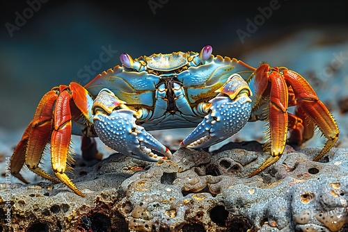 Blue and yellow striped rock crab on a coral reef in the ocean