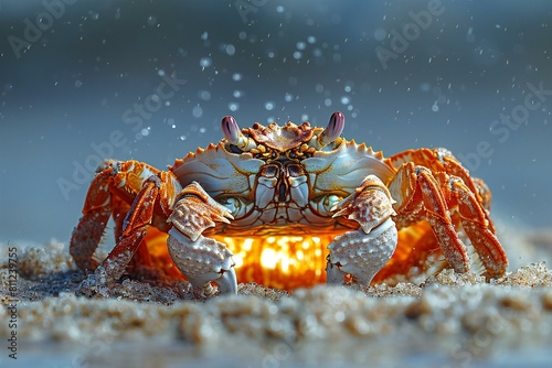 Crab on the sand with drops of water, close-up