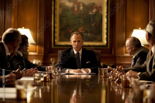 A group of men sitting around a table, possibly in a business meeting or discussion, A high-powered CEO commanding a boardroom meeting, with a commanding presence and sharp wit
