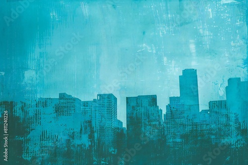 Blue grunge urban background with skyscrapers in the city