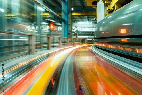 A high-speed train passes by, creating a blurred effect in the motion, A high-speed industrial printer churning out pages at lightning speed