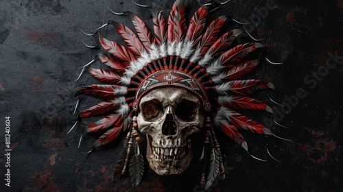 a skull wearing an indian headdress on black background realistic