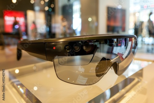 A pair of sleek glasses resting on top of a modern display case with built-in technology, A high-tech display of smart glasses with built-in augmented reality features