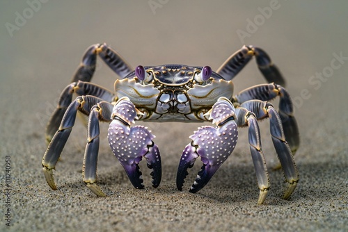 Close-up of a blue crab on the sand with blur background