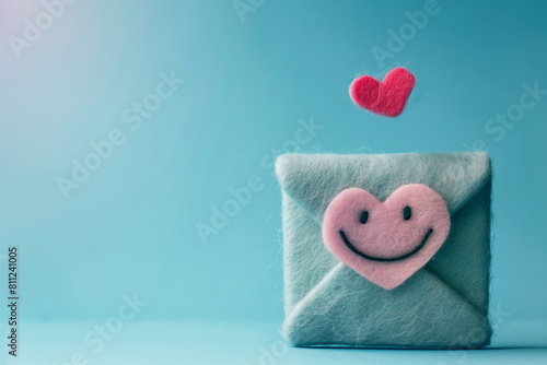 Happy smiling blue felted envelope with a pink heart and copy space. Kawaii happy mail made of needle felting. 