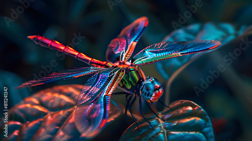 macro photograph of a neon-lit dragonfly perched on a leaf, its iridescent wings shimmering with vibrant colors against the dark background