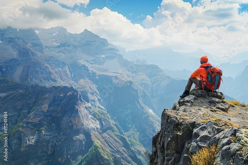 A man sits atop a mountain, gazing at the valley below, A hiker resting at the edge of a cliff, admiring a majestic mountain view